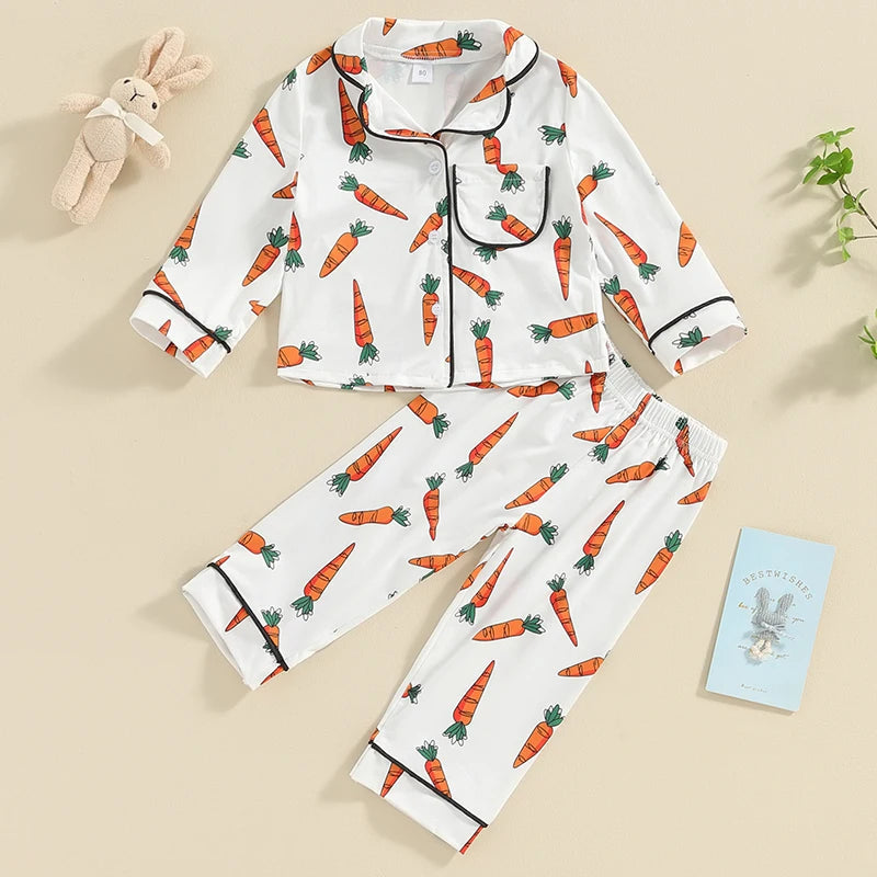 KMK - 0-4Y Easter Carrot Print Long Sleeve Button Shirts and Pants Set