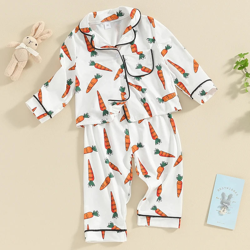 KMK - 0-4Y Easter Carrot Print Long Sleeve Button Shirts and Pants Set