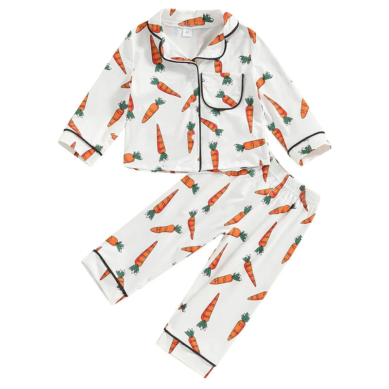 KMK - 0-4Y Easter Carrot Print Long Sleeve Button Shirts and Pants Set