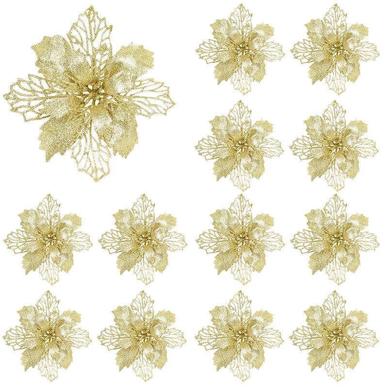 KMK - 10pc Glitter Artificial Poinsettia Flower