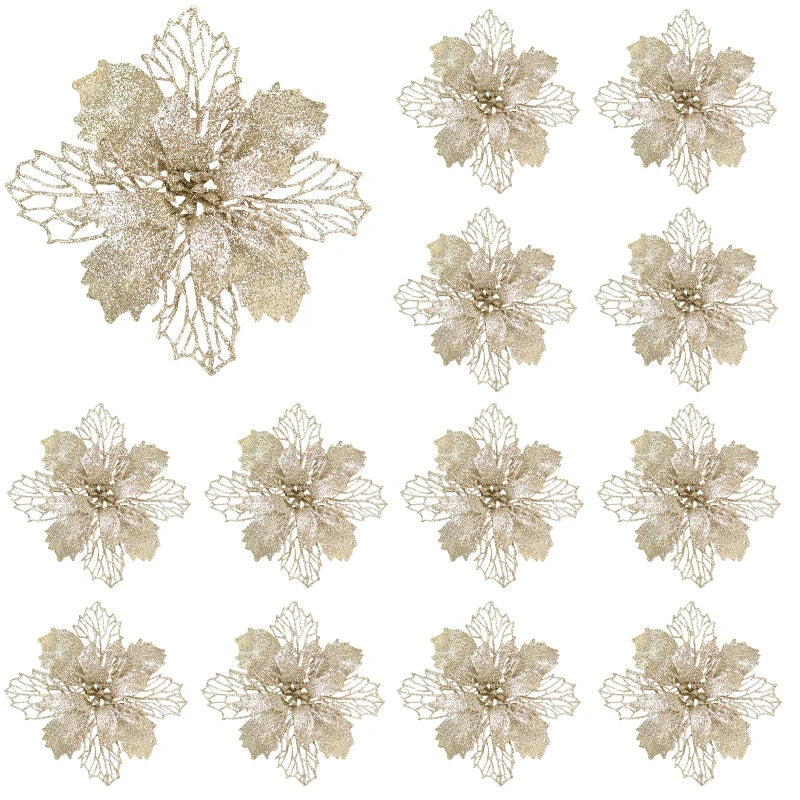 KMK - 10pc Glitter Artificial Poinsettia Flower