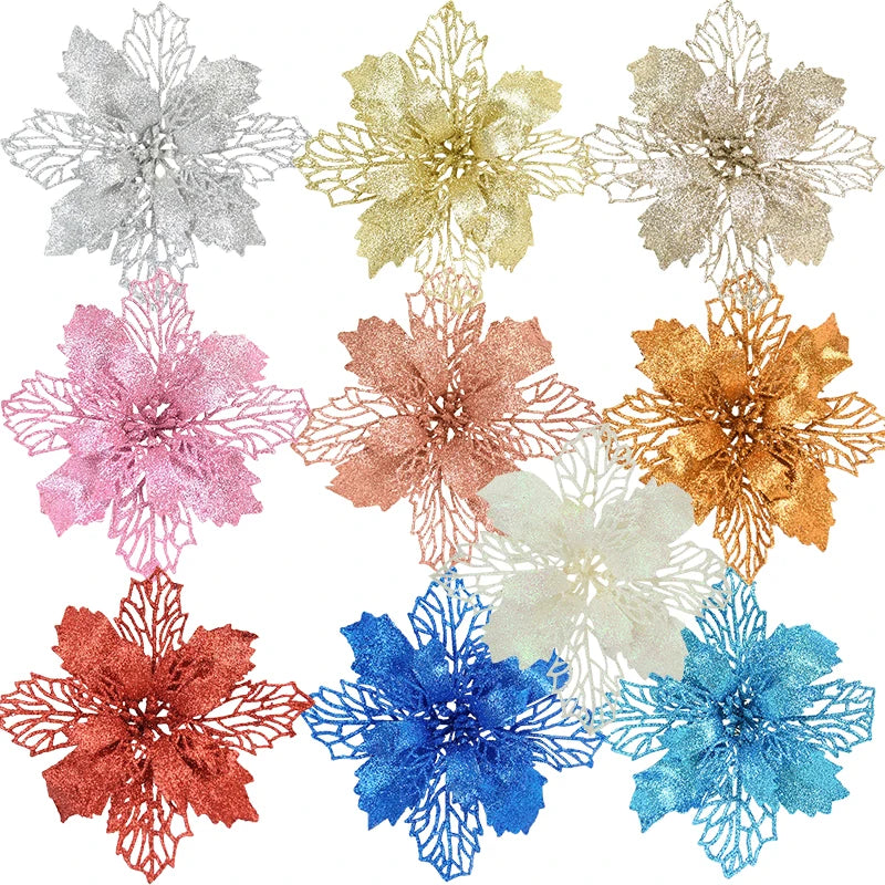 KMK - 10pc Glitter Artificial Poinsettia Flower