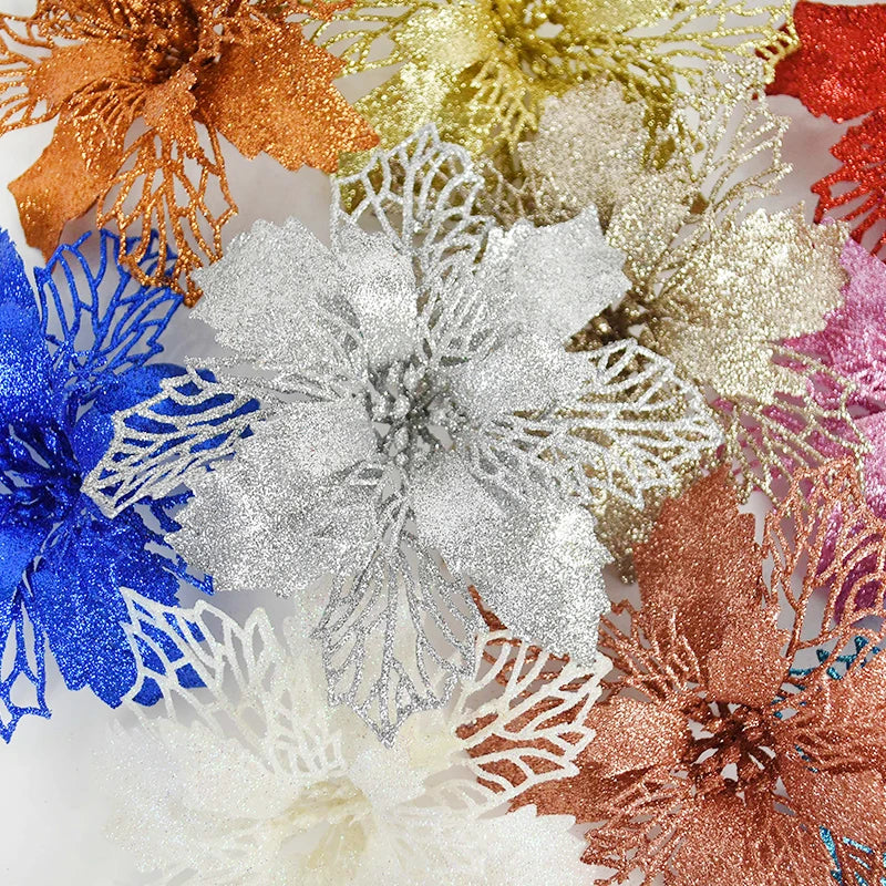 KMK - 10pc Glitter Artificial Poinsettia Flower