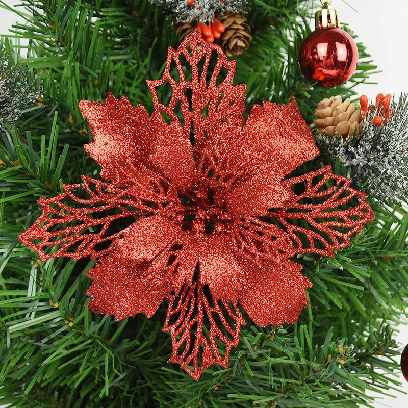 KMK - 10pc Glitter Artificial Poinsettia Flower