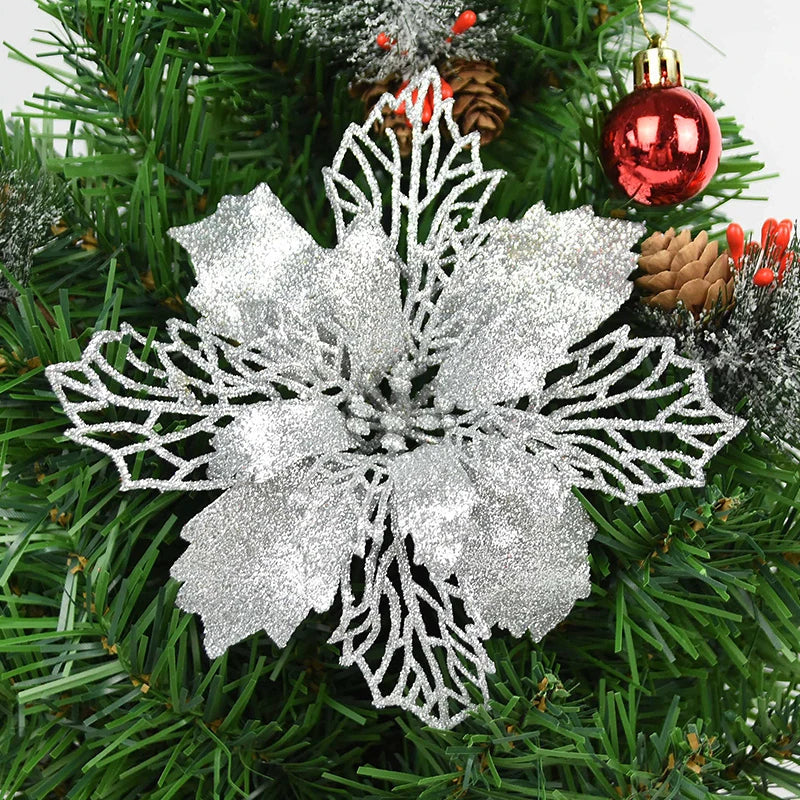 KMK - 10pc Glitter Artificial Poinsettia Flower