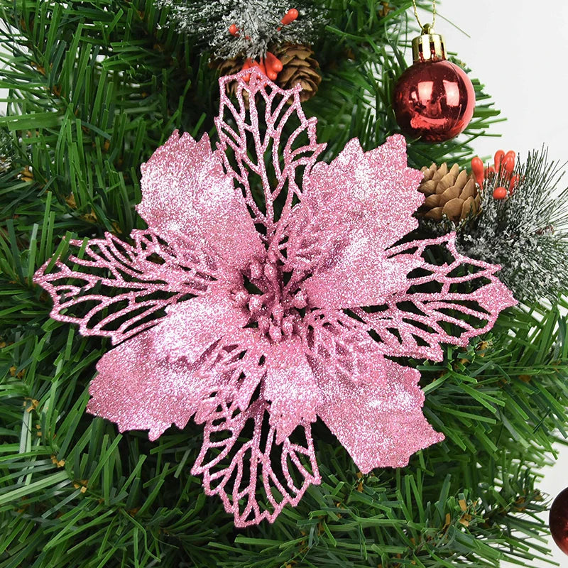 KMK - 10pc Glitter Artificial Poinsettia Flower