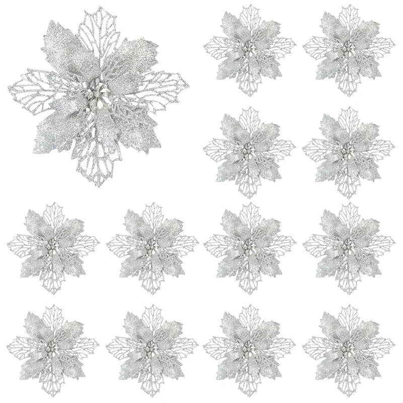 KMK - 10pc Glitter Artificial Poinsettia Flower