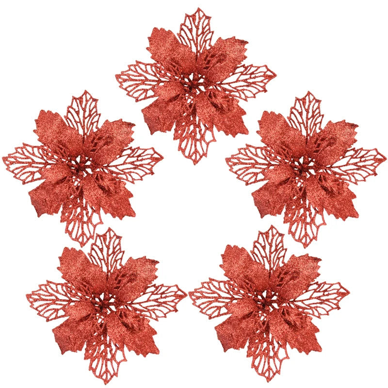 KMK - 10pc Glitter Artificial Poinsettia Flower