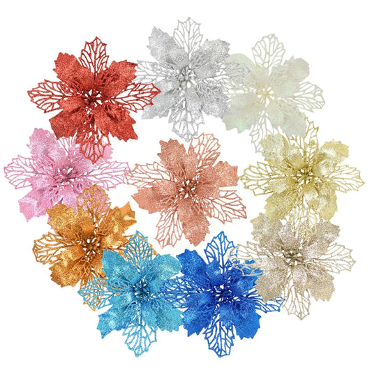 KMK - 10pc Glitter Artificial Poinsettia Flower