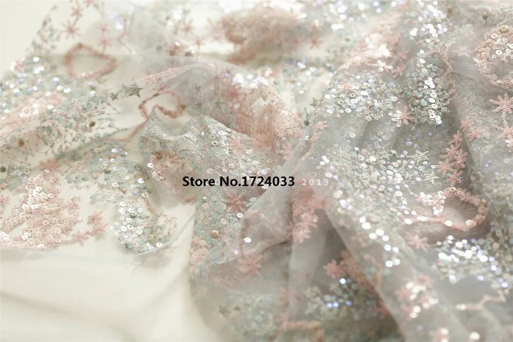 KMK - 150cm Heart Sequins Embroidered Mesh Fabric