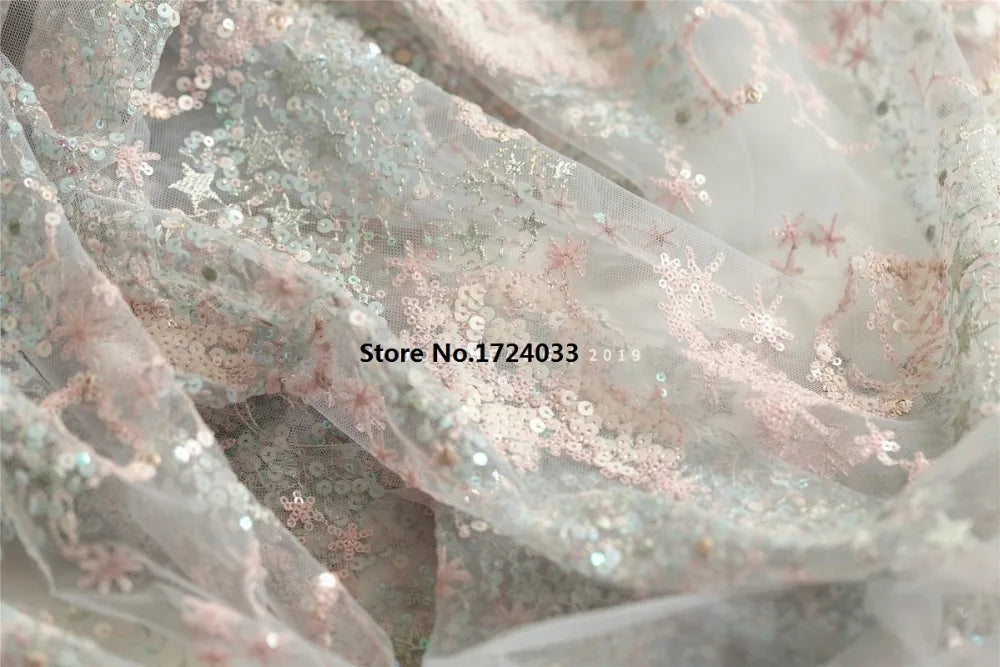 KMK - 150cm Heart Sequins Embroidered Mesh Fabric