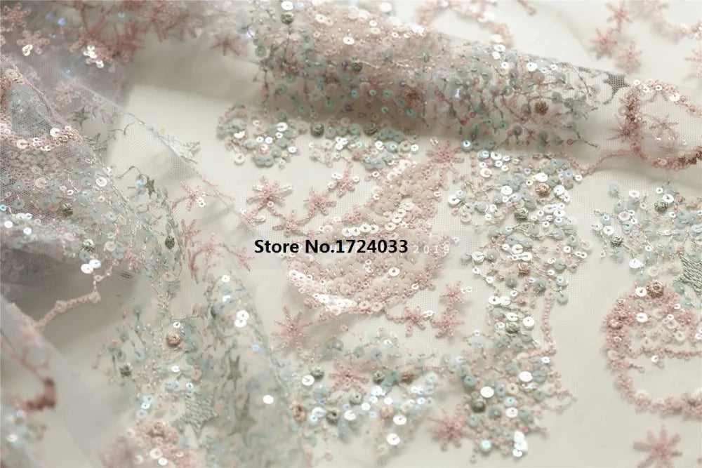 KMK - 150cm Heart Sequins Embroidered Mesh Fabric