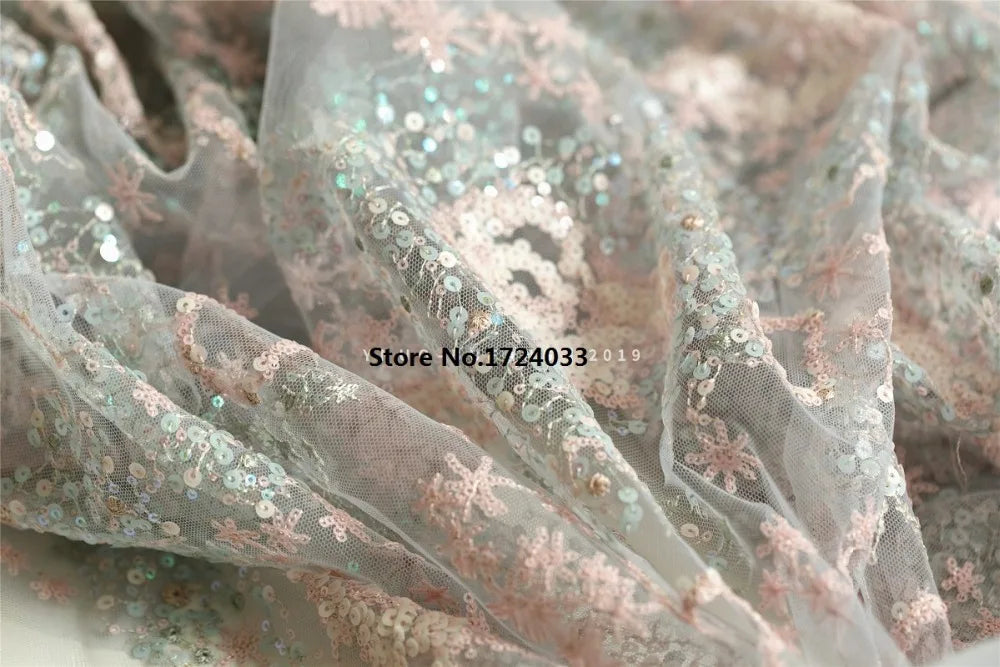 KMK - 150cm Heart Sequins Embroidered Mesh Fabric