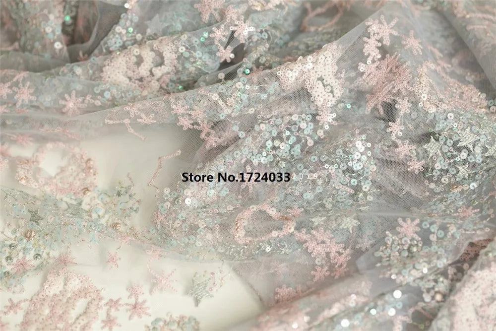 KMK - 150cm Heart Sequins Embroidered Mesh Fabric