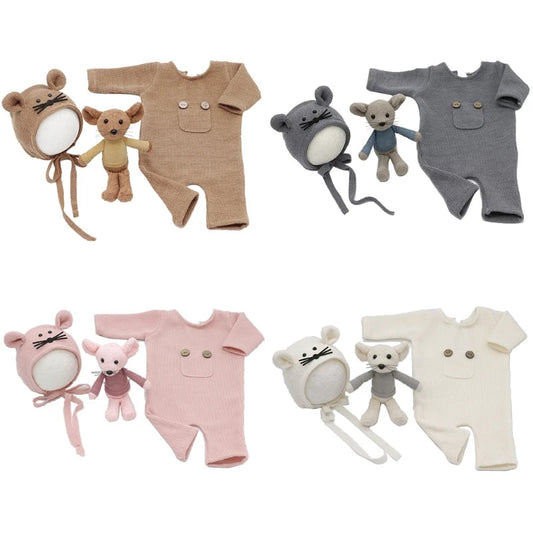 KMK - 3 Piece Set Newborn Romper + Bonnet + Doll