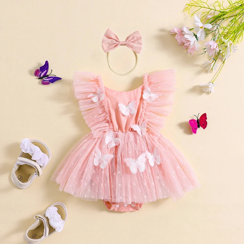 KMK - 3D Butterfly Mesh Tulle Romper Dress + Headband