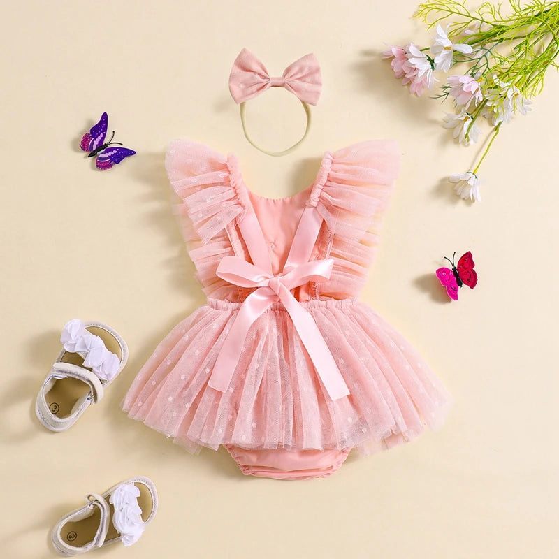 KMK - 3D Butterfly Mesh Tulle Romper Dress + Headband