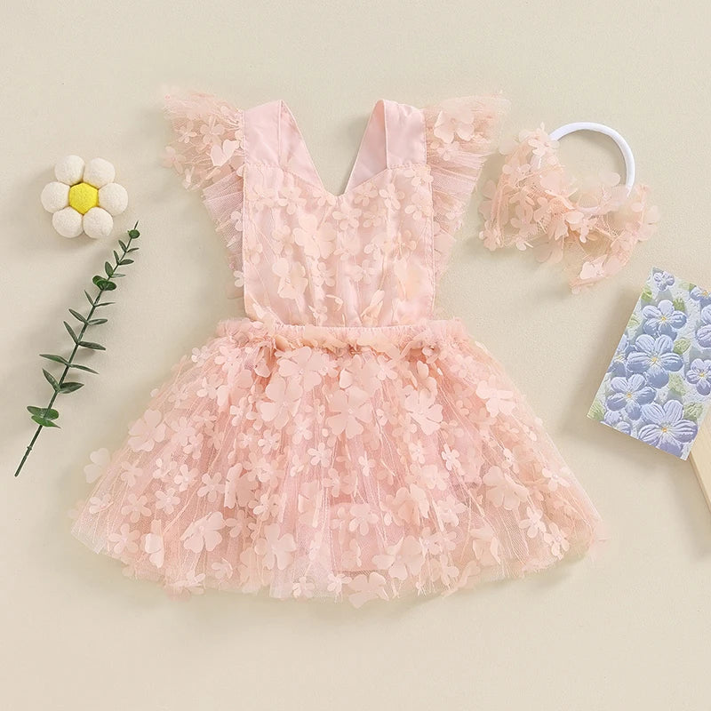 KMK - 3D Flower Sleeveless Strap Romper Dress + Headband