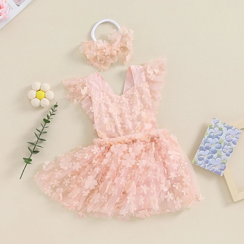 KMK - 3D Flower Sleeveless Strap Romper Dress + Headband