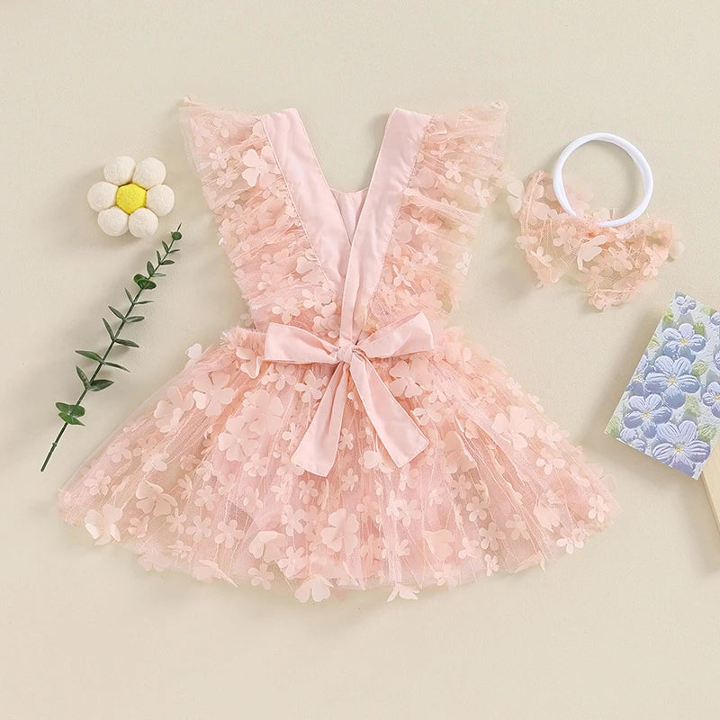 KMK - 3D Flower Sleeveless Strap Romper Dress + Headband