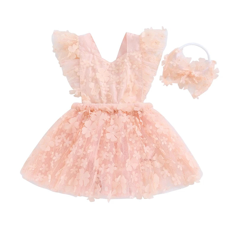 KMK - 3D Flower Sleeveless Strap Romper Dress + Headband