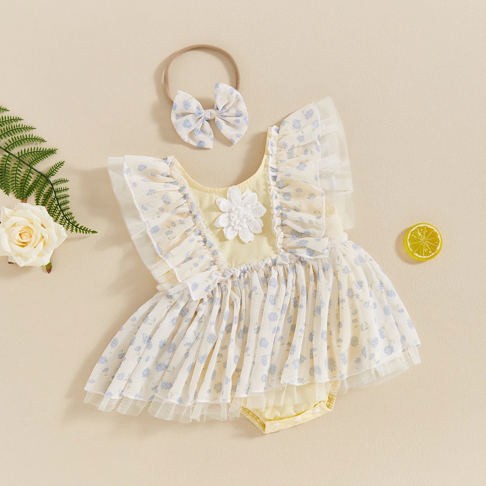 KMK - 3D Flower Tulle Romper Dress + Headband