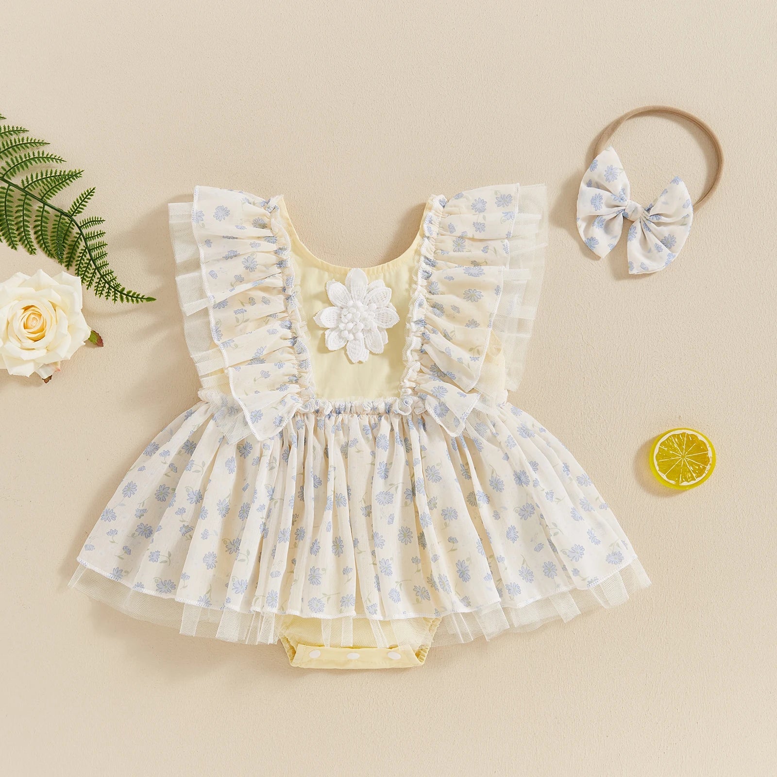 KMK - 3D Flower Tulle Romper Dress + Headband