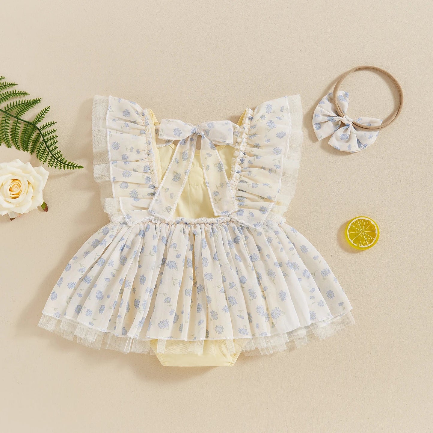 KMK - 3D Flower Tulle Romper Dress + Headband