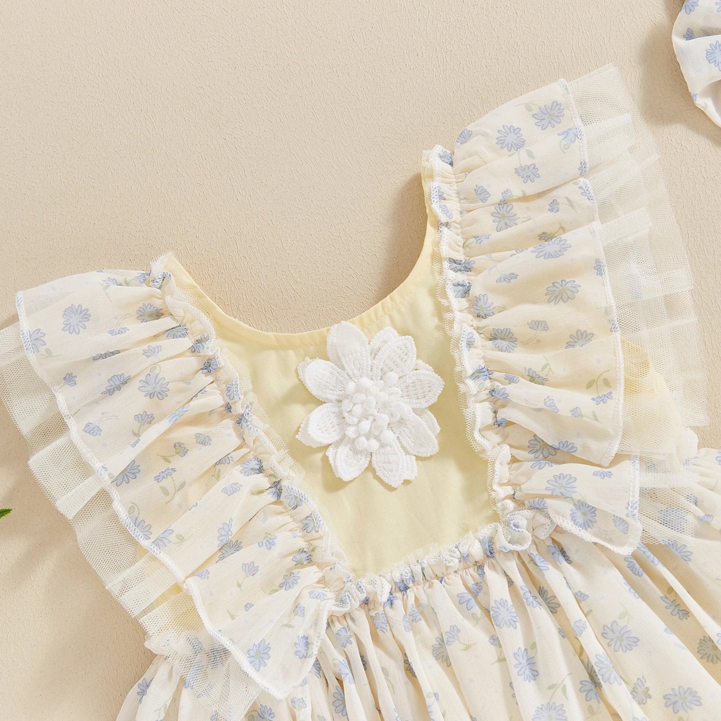 KMK - 3D Flower Tulle Romper Dress + Headband