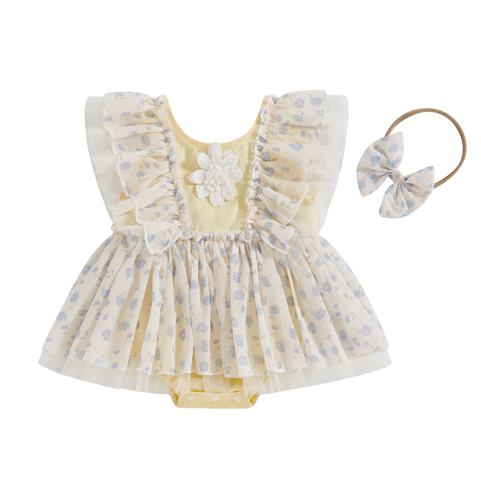 KMK - 3D Flower Tulle Romper Dress + Headband