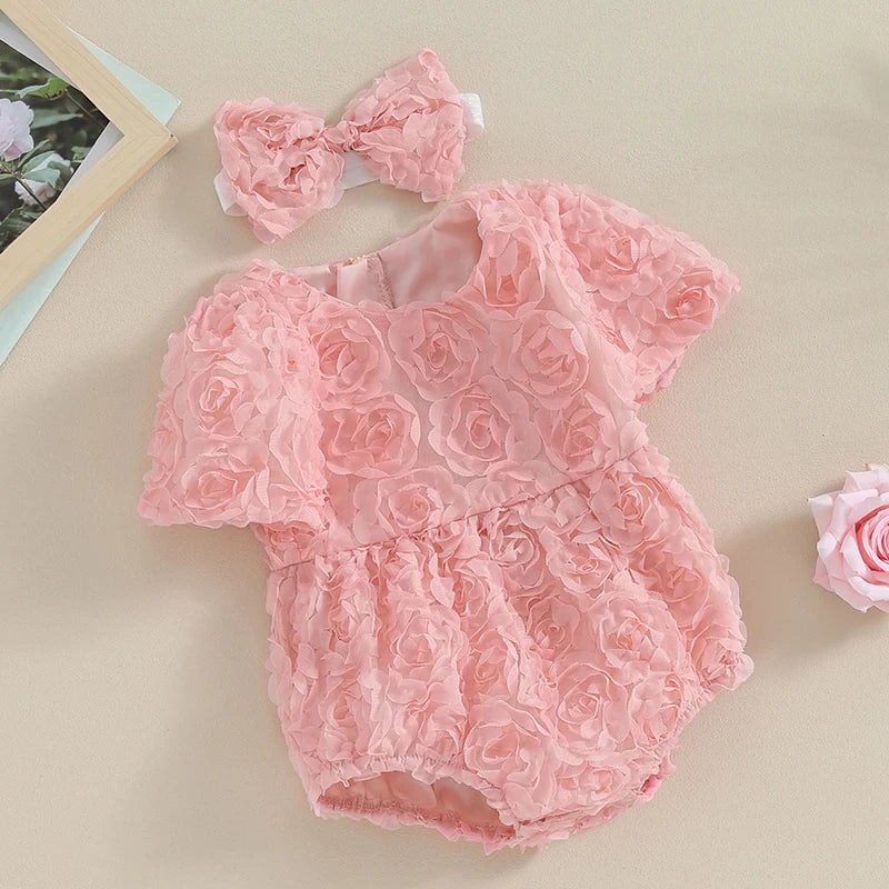 KMK - 3D Rose Flower Short Sleeve Romper + Headband