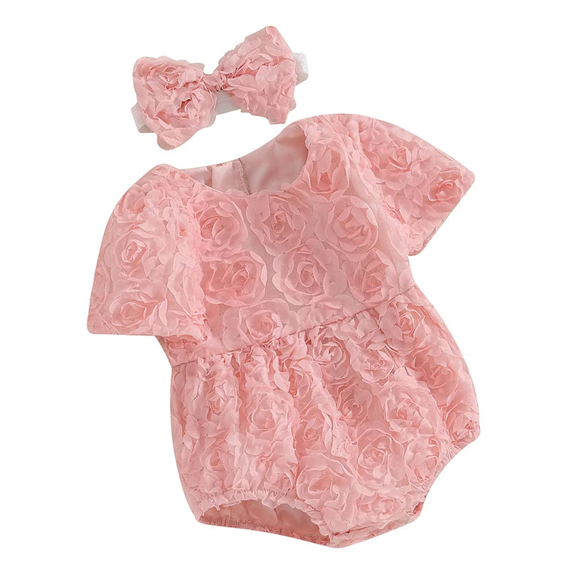 KMK - 3D Rose Flower Short Sleeve Romper + Headband