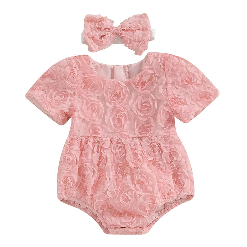 KMK - 3D Rose Flower Short Sleeve Romper + Headband