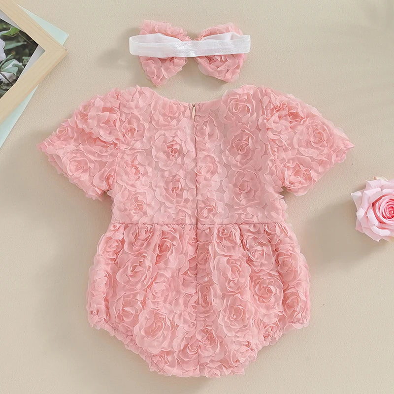 KMK - 3D Rose Flower Short Sleeve Romper + Headband