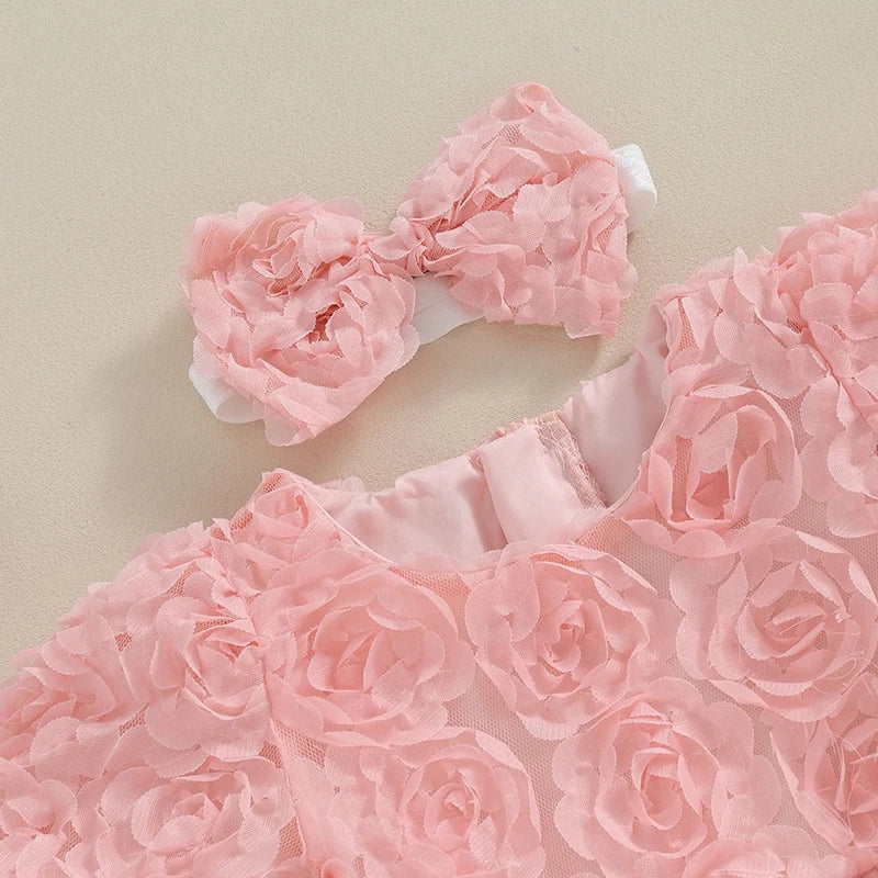 KMK - 3D Rose Flower Short Sleeve Romper + Headband