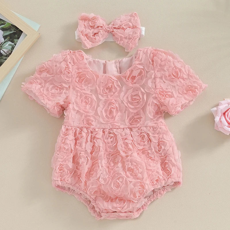 KMK - 3D Rose Flower Short Sleeve Romper + Headband