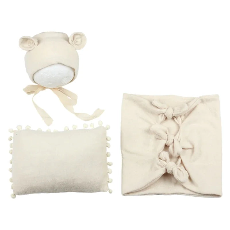 KMK - 3Piece Newborn Hat + Pillow + Wrap Set