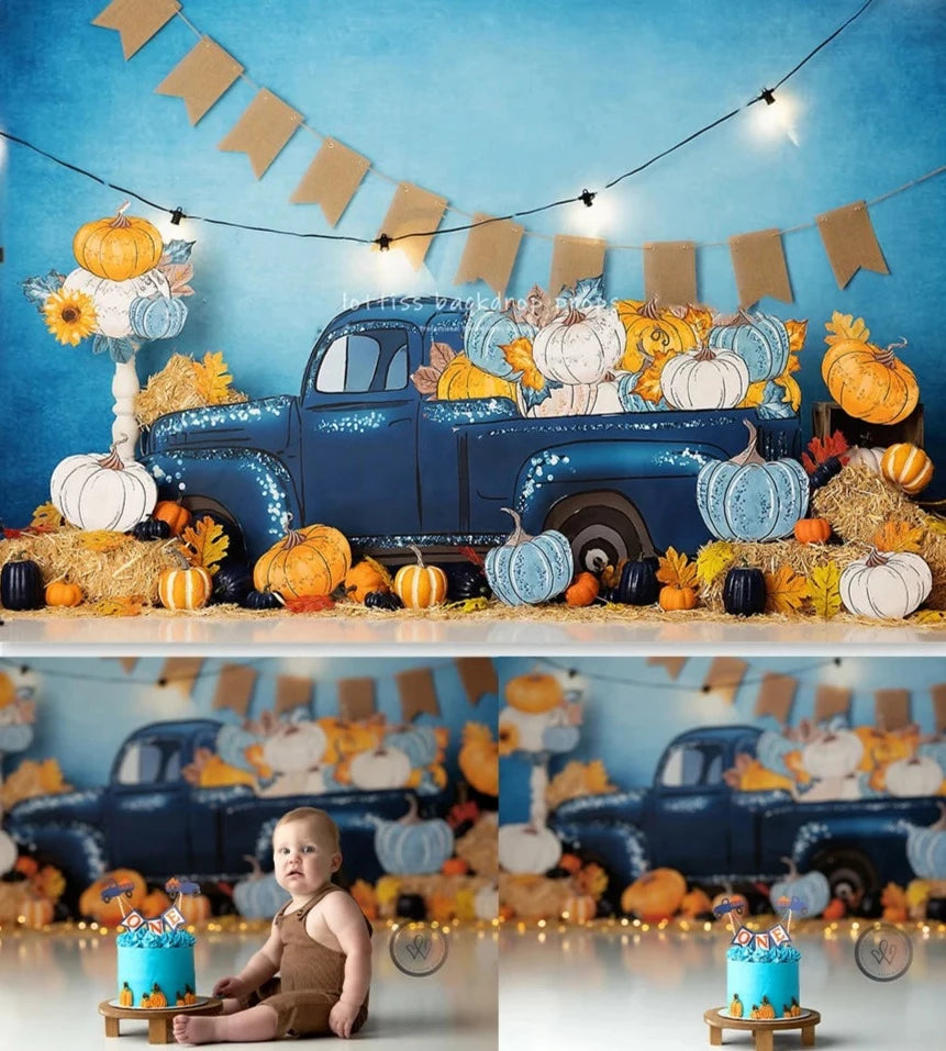 KMK - Autumn Blue Pumpkin Truck Backdrop