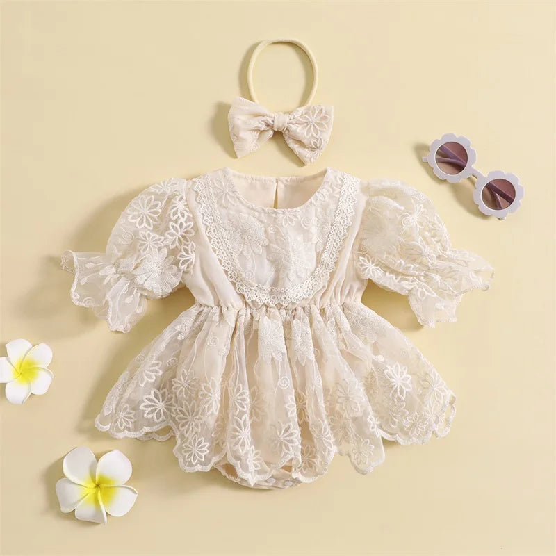 KMK - Baby Girls Lace Romper Dress and Headband