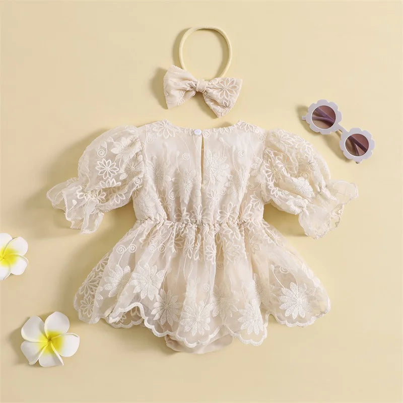 KMK - Baby Girls Lace Romper Dress and Headband