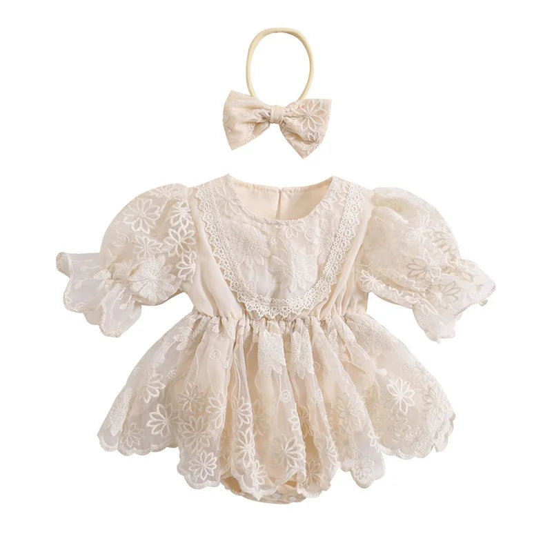 KMK - Baby Girls Lace Romper Dress and Headband