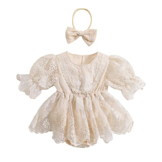 KMK - Baby Girls Lace Romper Dress and Headband