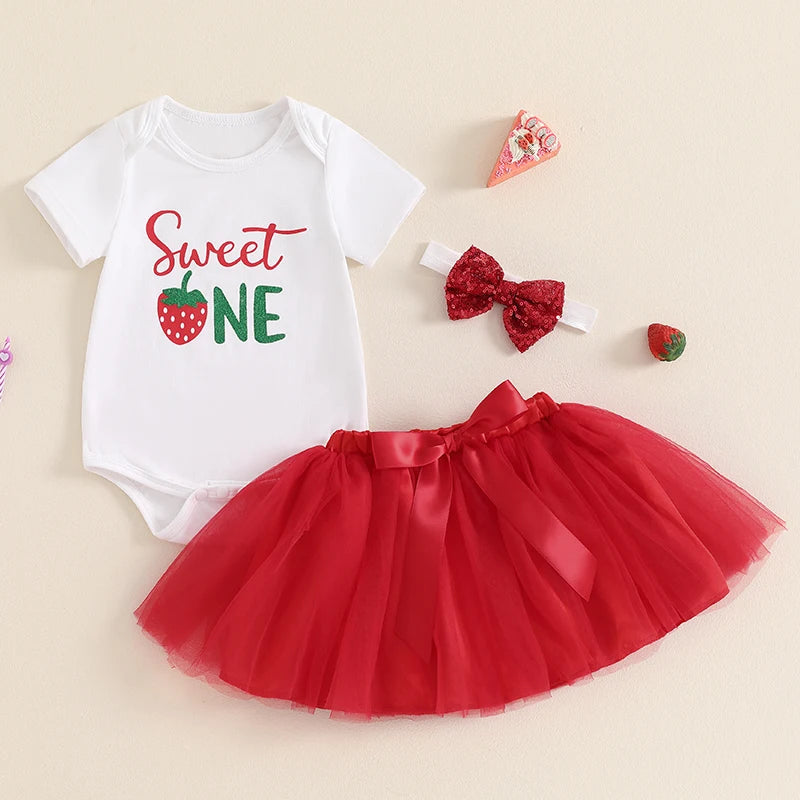 KMK - Birthday Strawberry Short Sleeve Romper + Skirt + HeadBand