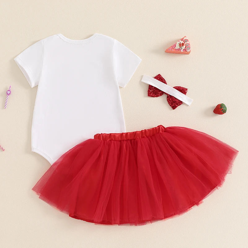 KMK - Birthday Strawberry Short Sleeve Romper + Skirt + HeadBand