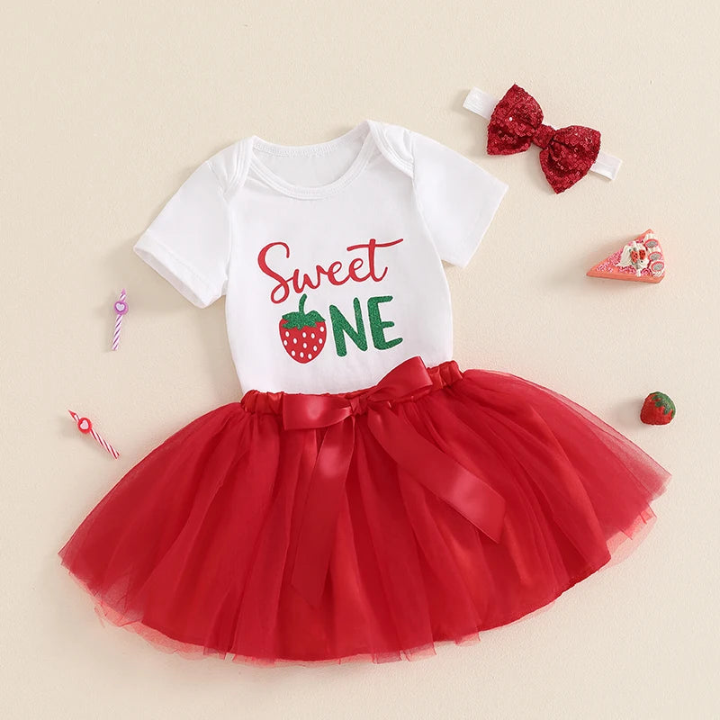 KMK - Birthday Strawberry Short Sleeve Romper + Skirt + HeadBand