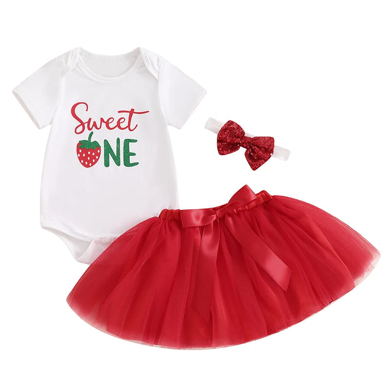 KMK - Birthday Strawberry Short Sleeve Romper + Skirt + HeadBand