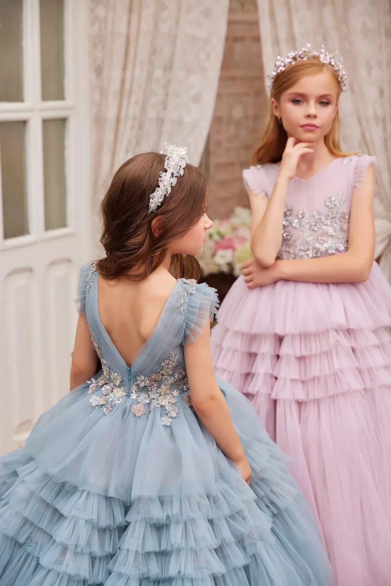 KMK - Blue OR Pink Tulle Sparkle Lace Dress