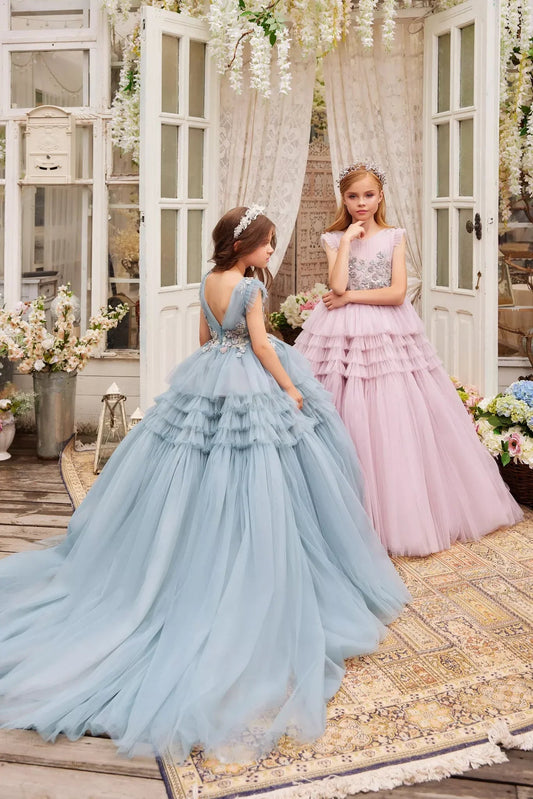 KMK - Blue OR Pink Tulle Sparkle Lace Dress