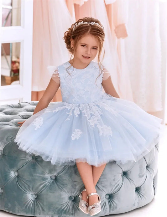 KMK - Blue Puffy Lace Flower Dress