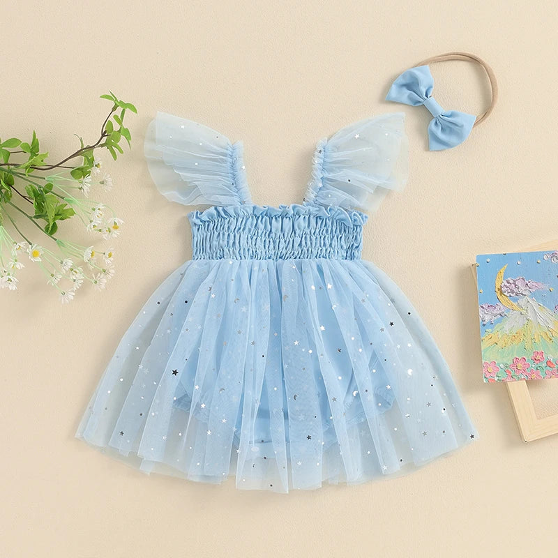 KMK - Blue Sequins Star Romper Dress + Headband